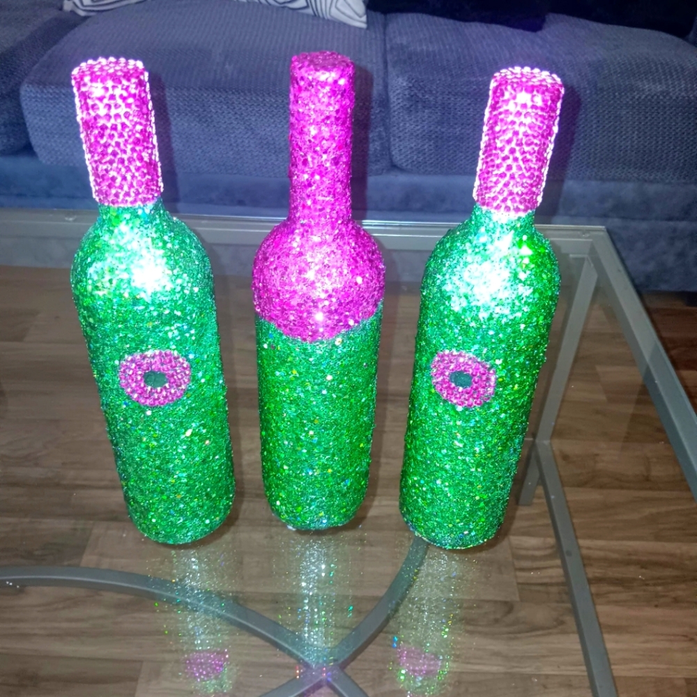 Glittering Green and Pink Decorative Wine Bottles: by Chanbursai